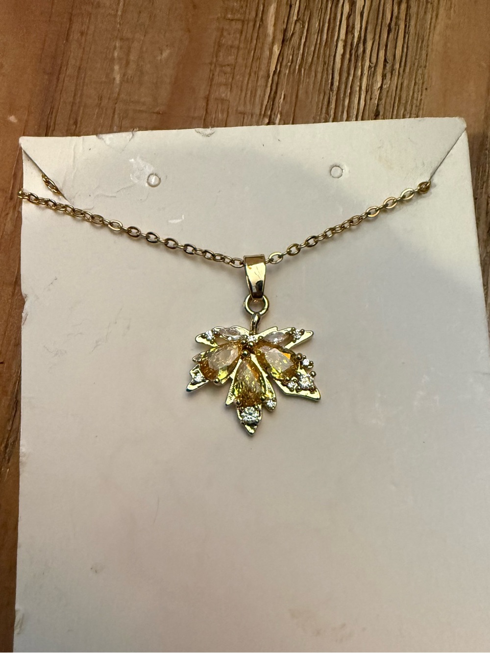 Gold-Tone Yellow Crystal Fall Leaf Pendant Necklace